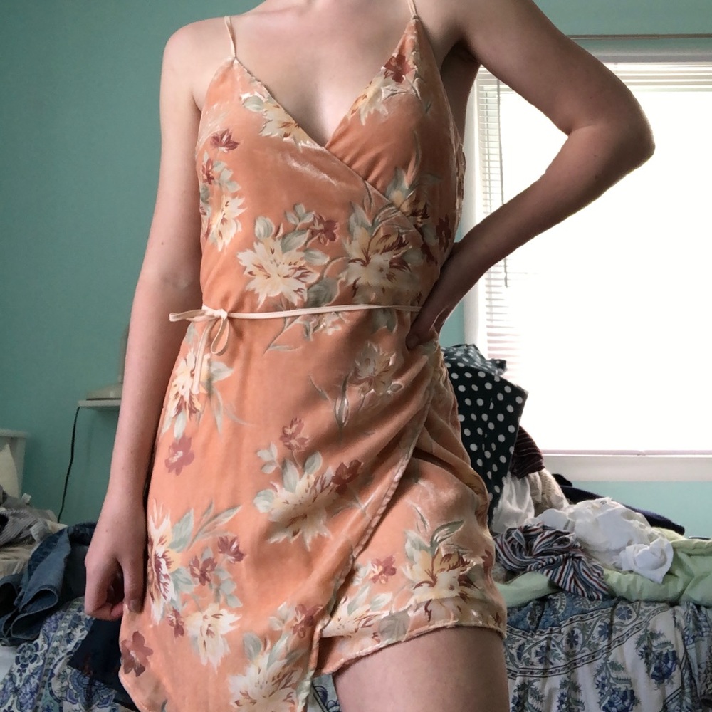 Adorable velvet floral a-line wrap dress!